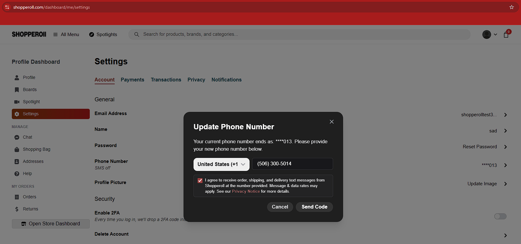 SMS consent checkbox, unchecked by default, shown when adding a phone number
