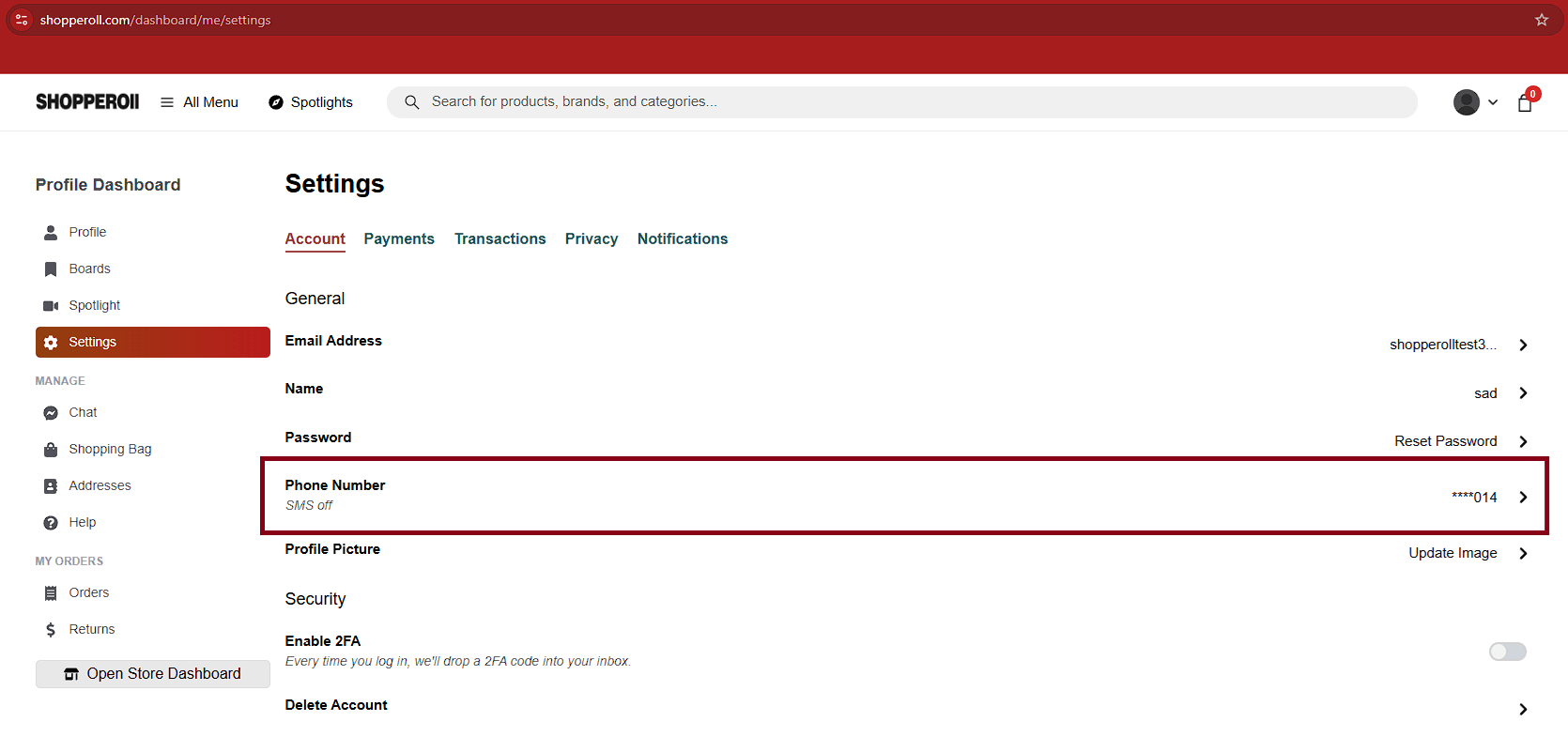 Phone Number row in Account Settings
